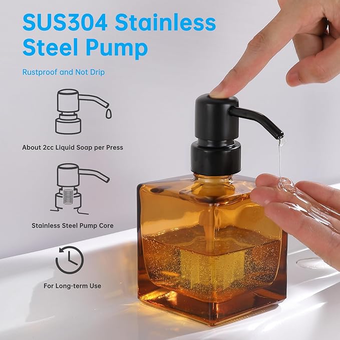 Square Bathroom Soap Dispenser Amber Bottle with Black Pump, Retangle Cube 8.4 oz Glass Bottles with Stainless Steel Pump Hand Liquid Soap Dispenser Kitchen