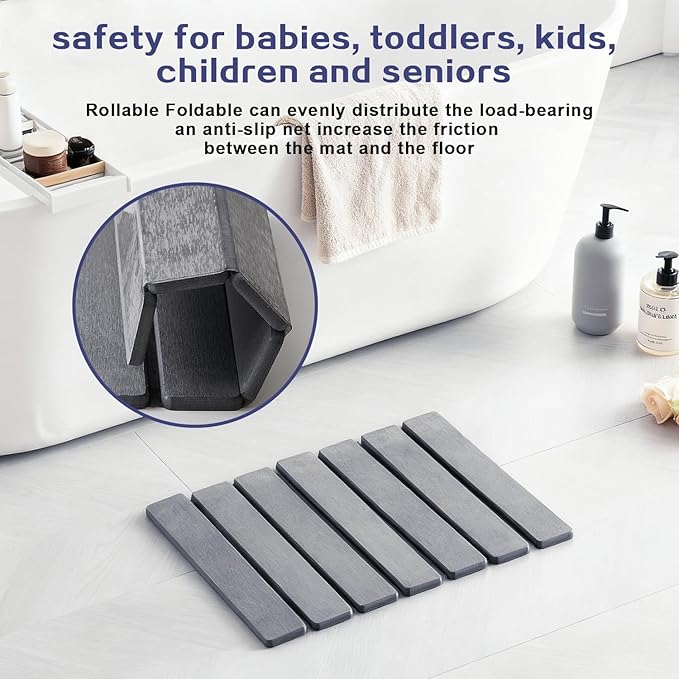 ODE TO ORDER 15.76 Inch Super Absorbent Diatomaceous Earth Mat for Bathroom, Dark Grey Easy Clean Rollable Foldable Stone Bath Mat, Non-Slip Quick Dry Shower Mat for Kitchen, Outdoor Use