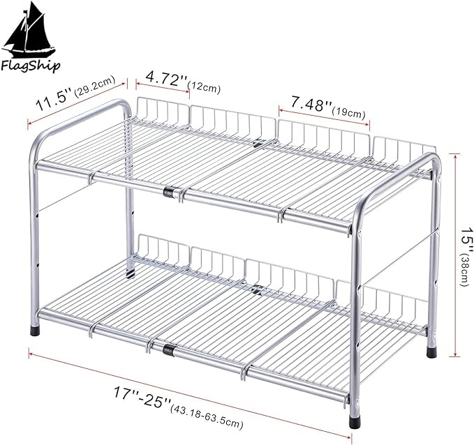 FlagShip 2 Tier Under Sink Organizers and Storage Rack Expandable Cabinet Shelf for Kitchen Bathroom Silver (17-25 inches)