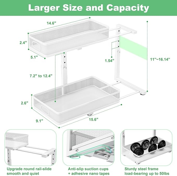 Under Sink Organizer, High Adjustable 2 Tier Under Sink Organizers and Storage, Slide Out Metal Cabinet Organizers, Pull Out Sink Storage Drawer Shelf for Kitchen Bathroom Cabinet, White, 2 Pack