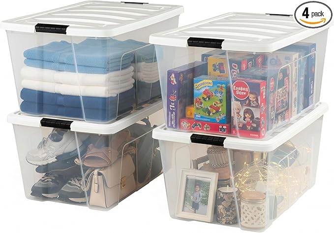 IRIS USA 94 Qt Stackable Plastic Storage Bins with Lids, 4 Pack - BPA-Free, Made in USA - See-Through Organizing Solution, Latches, Durable Nestable Containers, Secure Pull Handle - Clear/White