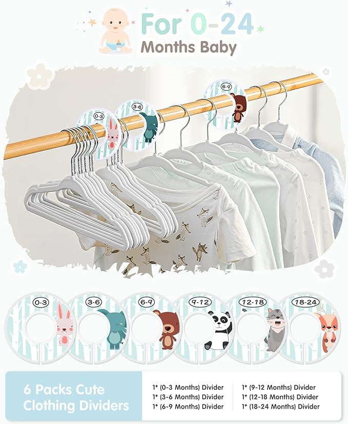 VIS'V Baby Hangers, 11 Inch Velvet Kids Hangers with 6 Pcs Clothes Size Dividers, Infant Toddler Nursery Closet Organization, Non Slip, White, 30 Pcs