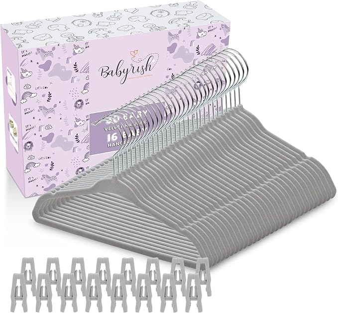 Velvet Baby Hangers with Clips (30 Pack) | 11” Ultra-Slim Baby Clothes Hangers | Non-Slip Felt | Space-Saving Nursery & Infant Closet Organizer | Gray