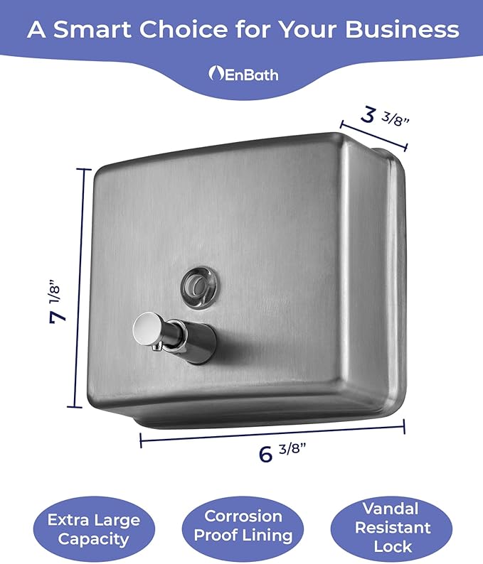 Commercial Soap Dispenser Wall Mount - Extra Large 46 oz. Capacity, Industrial Grade, Stainless Steel Bathroom Hand Soap Dispenser with Corrosion Proof Lining and Anti-Leak Pump by EnBath