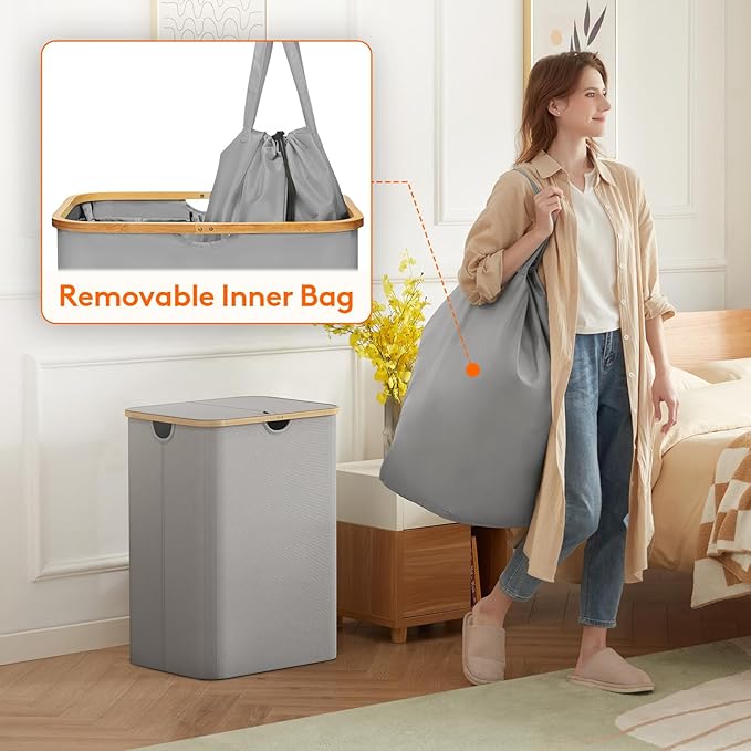 Lifewit 150L Laundry Basket with Lid, Clothes Hampers for Laundry with Bamboo Handles and 2 Removable Laundry Bags, Large Foldable Laundry Hamper for Bedroom, Bathroom, Dorm, Laundry Room, Sliver Gray
