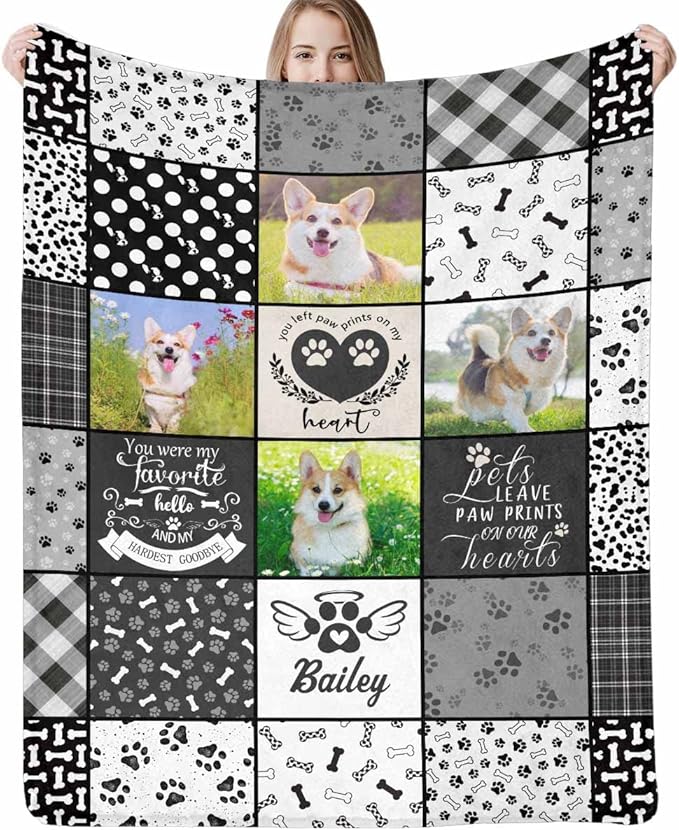 D-Story Pet Dog Memorial Gifts Personalized - in Loving Memory of Loss Dog Custom Blanket with Dogs Pictures and Name - Loss Pet Sympathy Remembrance Gift for Kids and a Grieving Pet Owner
