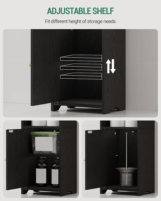 Bathroom Storage Cabinet, Corner Floor Cabinet with Doors and Adjustable Shelf, Narrow Toilet Paper Cabinets, Bathroom Organizer for Small Spaces, Black BC39704X
