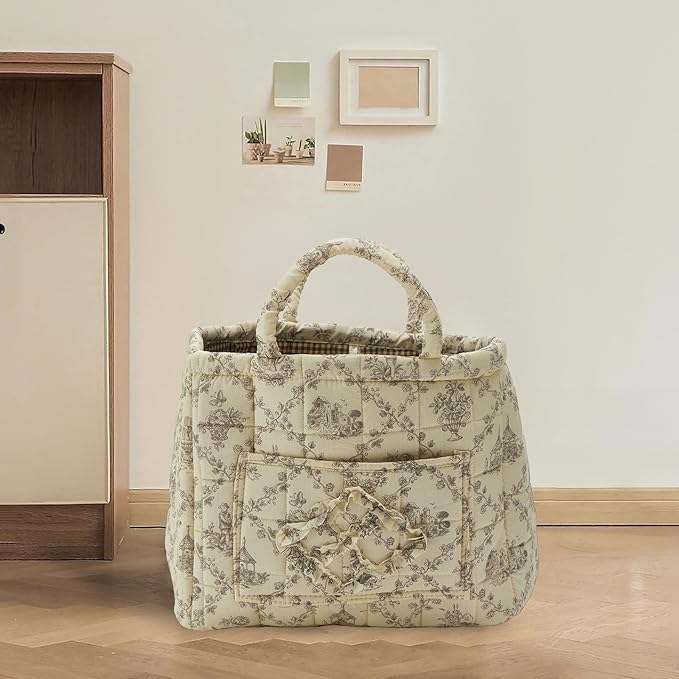 Quilted Fabric Storage Basket with Handles & Pocket, Foldable Laundry Hamper Boho Floral Print Organizer Bin for Home, Picnic, Office 12"x10"x10" (B-1)