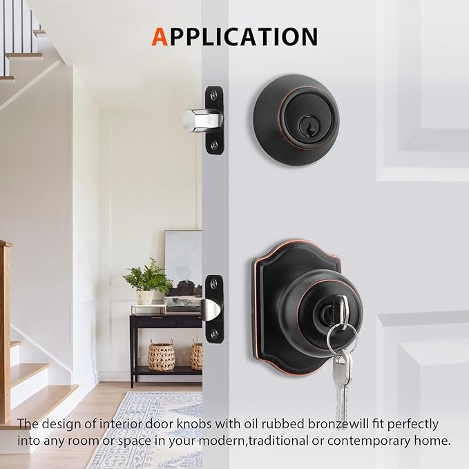 Haidms Exterior Deadbolt and Keyed Entry Bronze Door Knob Set, Keyed Entry-Different Front Door Knobs, Deadbolt Oil Rubbed Bronze Doorknob with Lock and Key(2 Pack)