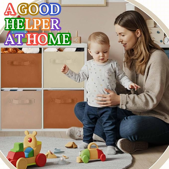 Yinder 4 Pcs Cube Storage Bin Brown 11'' Storage Bins for Playroom Decor Colorful Bins for Kids Foldable Baskets for Nursery Organizer Boxes Fabric Boxes