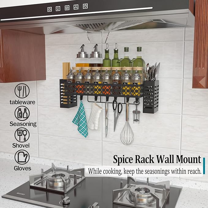 Hanging Spice Rack Wall Mount, Over Stove Spice Organizer Shelf with Wall Hanging Utensil Holder 6 Hooks for Kitchen, Black