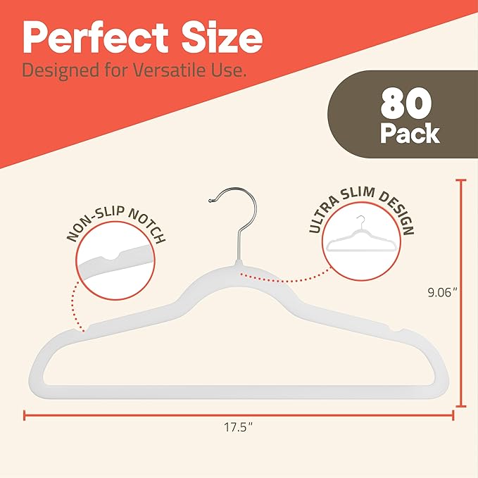 White Velvet Hangers 80 Pack – 360° Swivel Hook, Non-Slip and Space Saving Hangers, Heavy-Duty 11 lbs Weight Capacity - Smooth Velvet Finish for Crease-Free Clothes and Effortless Closet Organization