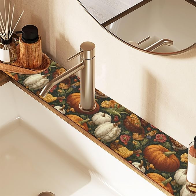 Vintage Pumpkin Flower Mapkle Leaves Fall Kitchen Sink Splash Guard Sink Faucet Mat Faucet Handle Drip Catcher Drain Mats for Kitchen Bathroom Countertop Absorbent Dish Drying Pad 2P