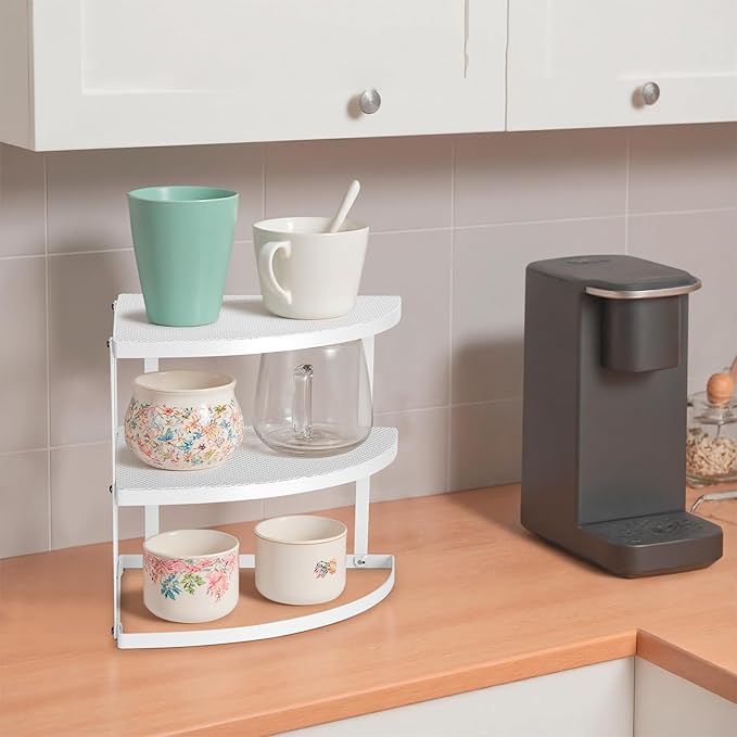 ROFAY 3-Tier Metal Corner Shelf Plate Organizer for Kitchen Counter & Cabinet, Corner Rack for Plates, Dishes, Pantry, and Bathroom Storage, Rust-Resistant Steel, Space-Saving Design (White)
