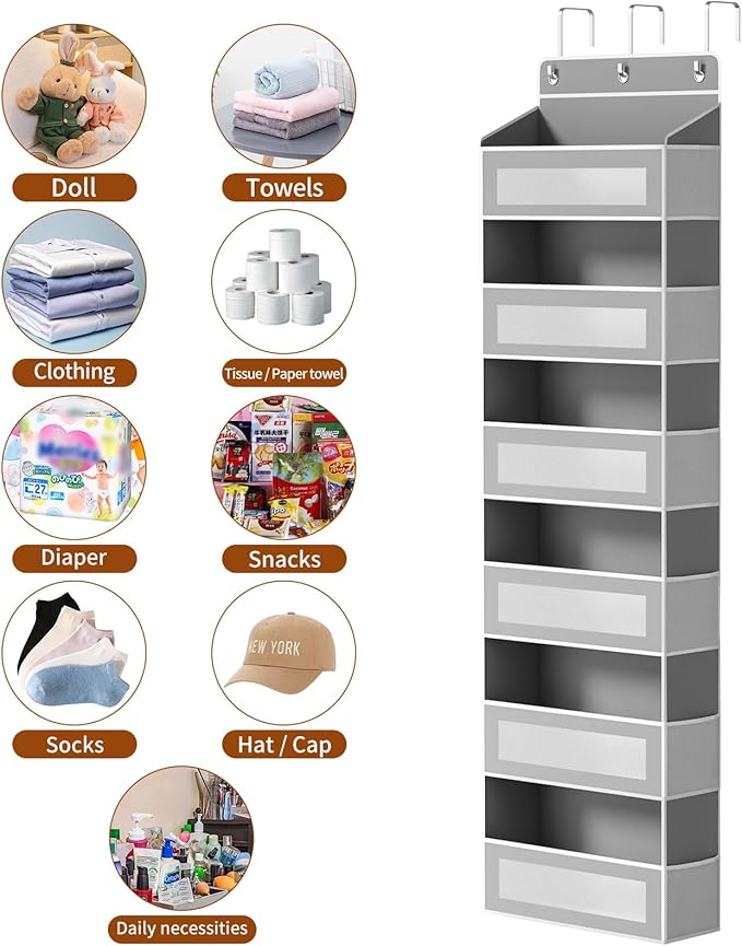Over The Door Organizer with 6 Large Pockets, Over the Door Storage 12 Side Pockets, Hanging Door Organzier 44 lb Load Behind Door Storage Hanging Shelf for Closet Wall Bathroom Nursery, 6-Tier Grey