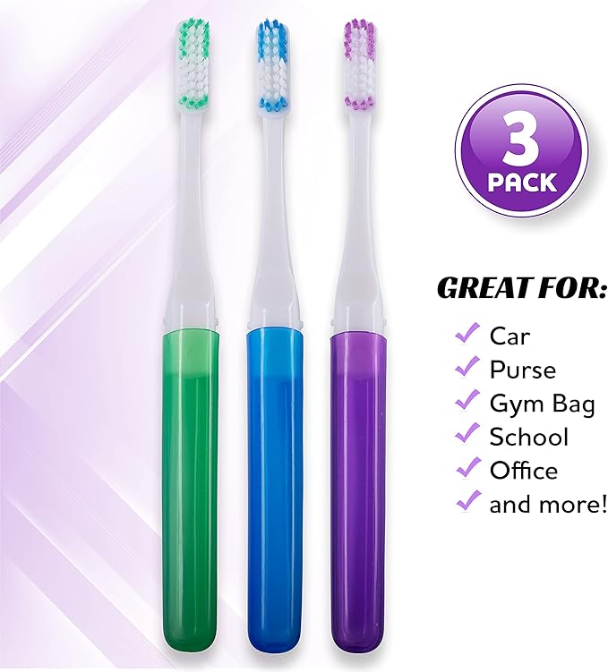 Lingito Mini Toothbrush with Cover, Camping & Travel Size with Case, Adults Kit (3 Pack)