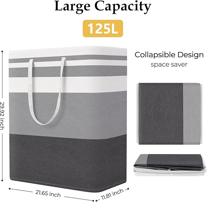 StorageRight Laundry Basket Hamper Large Collapsible Laundry Hamper with Easy Carry Handles，Freestanding Clothes Hampers for Laundry, Bedroom, Dorm, Clothes, Towels, 125L, Gradient Grey