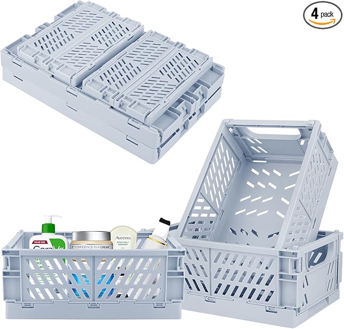 Plastic Storage Baskets for Desk Organizing, Office Drawer Organizer, 2 Medium+2 Small Durable Folding Storage Crate for Home Kitchen Classroom Office Bedroom and Bathroom Storage (Blue)