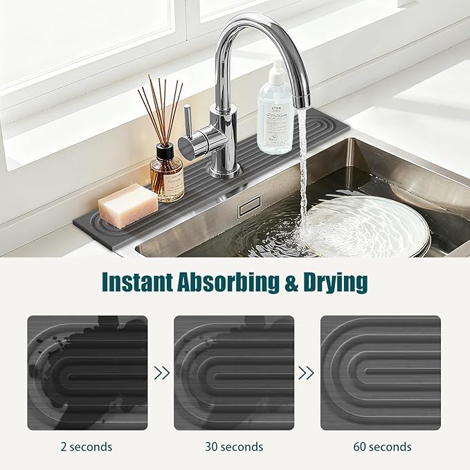 Stone Sink Mat for Kitchen - Water Absorbent Stone Tray, Quick Dry Faucet Mat, Kitchen Sink Splash Guard,Sink Mat & Base Faucet Mat for Counter Protection[Grey, 23.6"x4"]