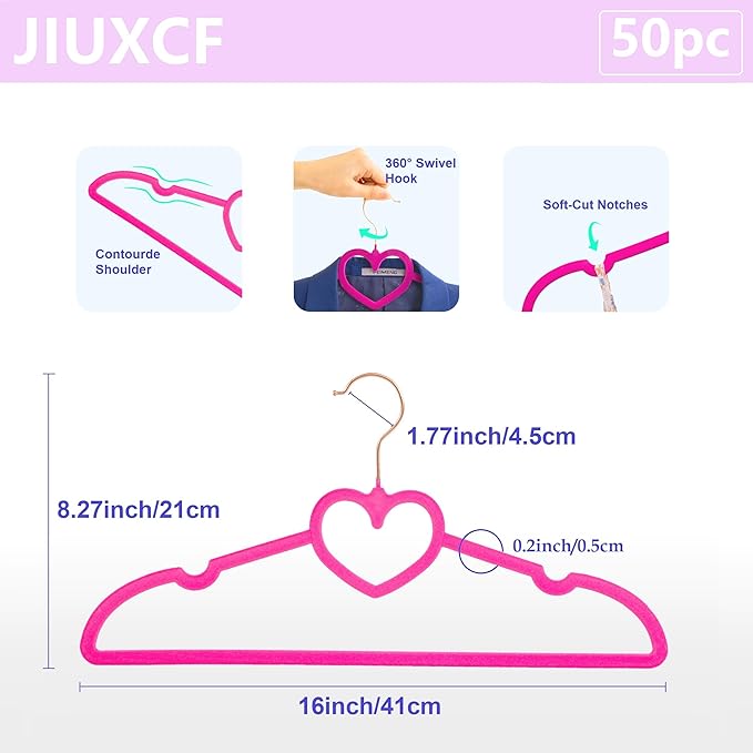 Hot Pink Velvet Hangers 50 Pack, Premium Non-Slip Heart Hanger, 360° Swivel Rose Gold Hooks, Space Saving Slim Hanger, Durable & Cute Clothes Hanger for Adult