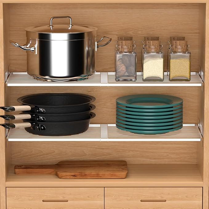 SANNO Tension Shelf Organizer for Closet, Adjustable 17-31" with Heavy-Duty Adhesive - DIY Expandable Shelf Dividers for Cabinet, Pantry, Wardrobe, Kitchen, 3 Pack