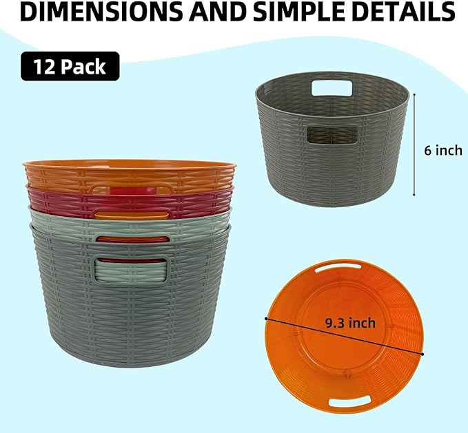12-Pack Plastic Storage Baskets, Stackable & Nestable Organizer Bins for Toys, Clothes, Home (Multicolor - Circular)