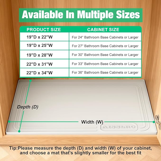 Aisslro Under Sink Mat 34" X 22", Waterproof Silicone Cabinet Organizer Protector with Raised Edge, Kitchen & Bathroom Leak Tray, Shelf Liner & Pet Feeding Mat for Dog Cat Food Mats, Beige