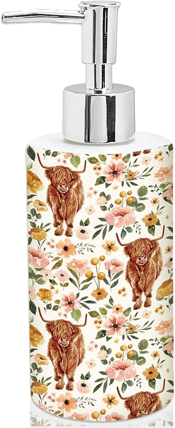 Highland Cow Soap Dispenser Refillable Liquid Container Watercolor Boho Floral Cow Glass Soap Dispenser with Pump for Bathroom Kitchen Countertop Decor