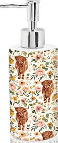 Highland Cow Soap Dispenser Refillable Liquid Container Watercolor Boho Floral Cow Glass Soap Dispenser with Pump for Bathroom Kitchen Countertop Decor