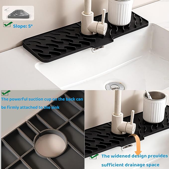 Silicone Faucet Splash-Proof pad, Multifunctional Water-Saving Splash-Proof Cushion, Universal Faucet Cover, Suitable for Kitchen and Bathroom Sink Faucet (Black, 17.7 * 5.5)