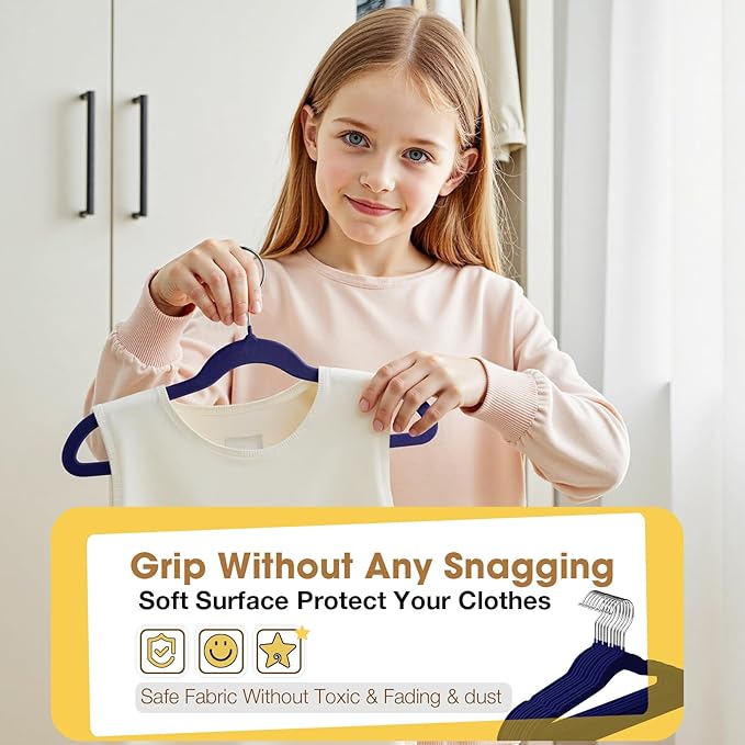 Kids Hangers 50 Pack,14 Inch Kids Velvet Hangers Slim & Space-Saving,Baby Clothes Hangers with 360 Swivel Hook,Heavy Duty Hanger for Infant & Childrens Coats, Pants,and Dress (Dark Blue)