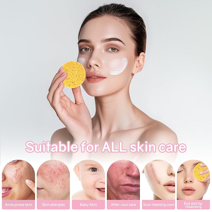 50-Count Compressed Facial Sponges,100% Natural Cellulose Cosmetic Make Up Sponges for Face Daily Facial Cleansing,Exfoliating,Makeup Removal(Yellow)