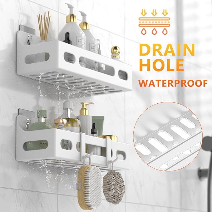 Shower Caddy Adhesive, No Drill Bathroom shower Organizers, with Removable Hooks, Rust Proof Shower Shelves, Self Adhesive Black Bathroom Shelves Basket Home Farmhouse Wall Inside Organization