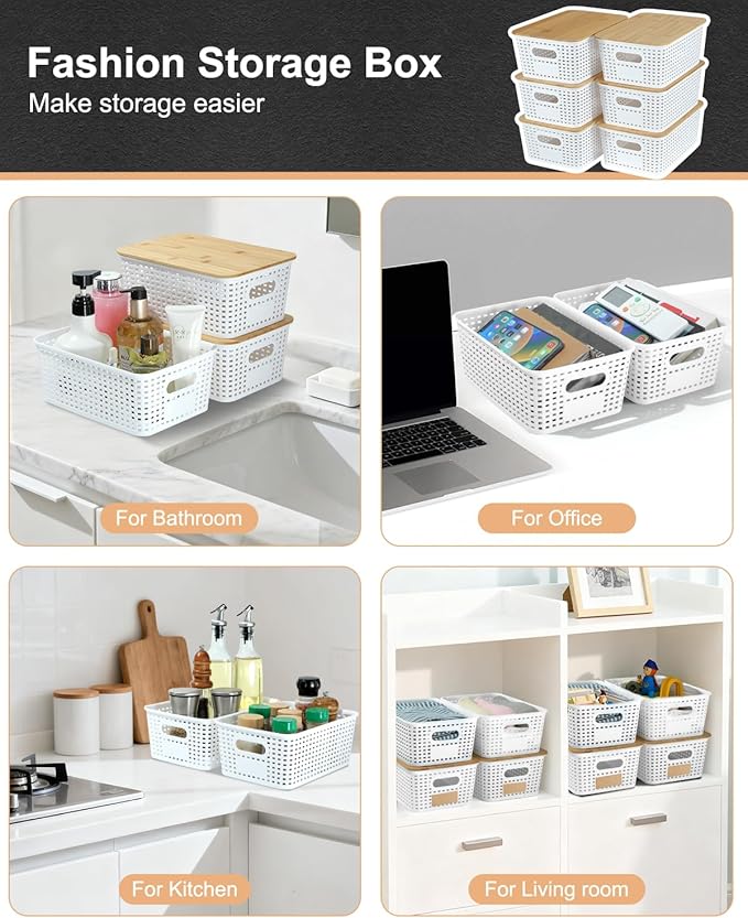 6 Pack Storage Bins with Bamboo Lids for Pantry Organization and Storage Containers for Shelves Drawers Desktop Closet Playroom Classroom Office Home,White