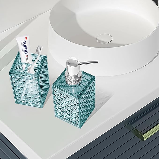 2PCS Mint Blue Bathroom Accessories. Contain Soap Dispenser and Toothbrush Holder Set. Boho Bathroom Set for Blue Bathroom Décor