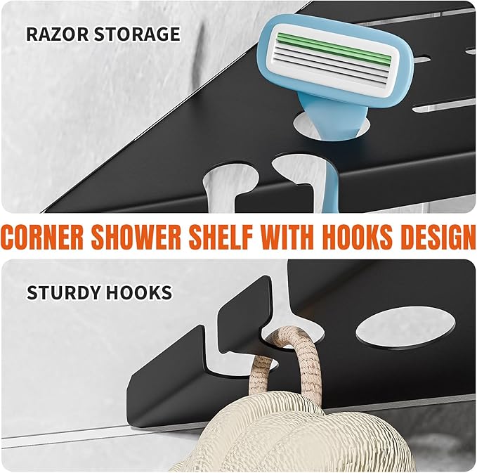 HBXS Shower Corner Shelf Organizer Rack with Hooks & Razor Hole, No Drilling Tile Shower Shelves, Rustproof Stainless Steel Bathroom Shelves Basket, Modern Corner Shelf for Bathroom, 2Pack-Black