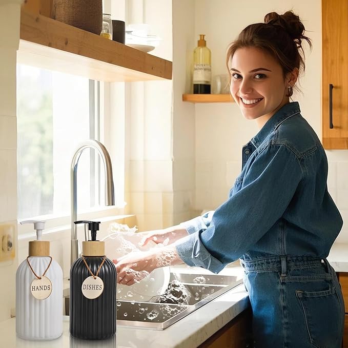 2 Pack ViserVita Glass Hand Soap Dispenser Set with Bamboo Pump, Elegant Refillable Liquid Dish Soap Dispenser, Perfect for Kitchen Sink and Bathroom Decor