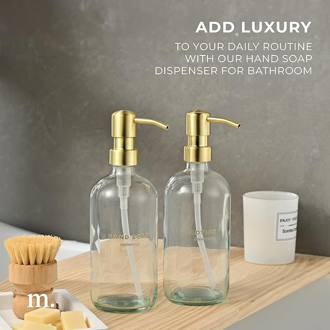 MaisoNovo Soap Dispenser 2-Piece Set | 16.9oz Clear Bottles with Gold Stainless Steel Pump Core