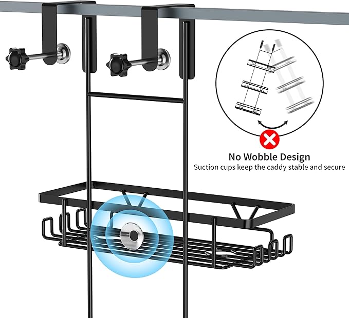 KEGII Shower Organizer Hanging Over the Door, 3 Tier Large Capacity Shower Caddy with 2 Soap Holders & Razor Holders, 18 Hooks & 4-in-1 Dual Hooks, Adjustable Rustproof Bathroom Rack, Black