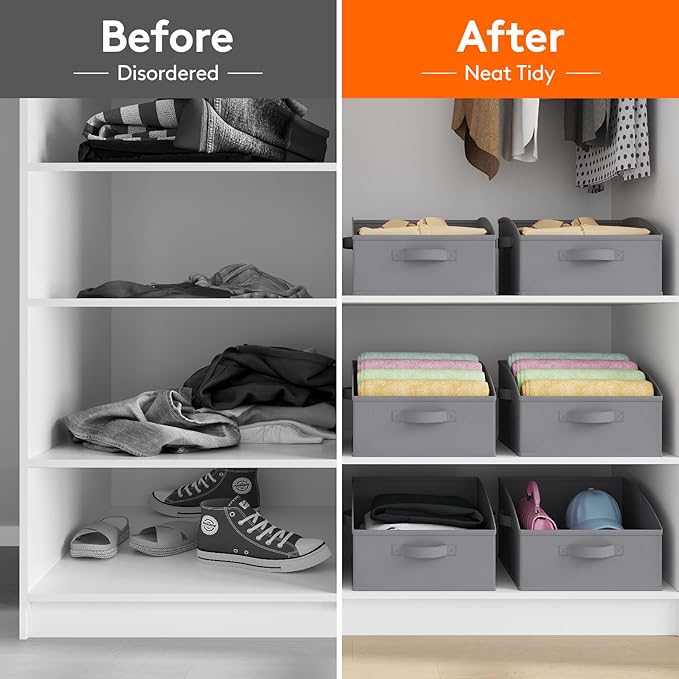 Lifewit Trapezoid Closet Storage Bins for Shelf, 6 Packs Non-woven Closet Organizer Baskets with Handles, Foldable Clothes Containers Boxes for Clothing, Book, Purse, 16L, Medium, Gray