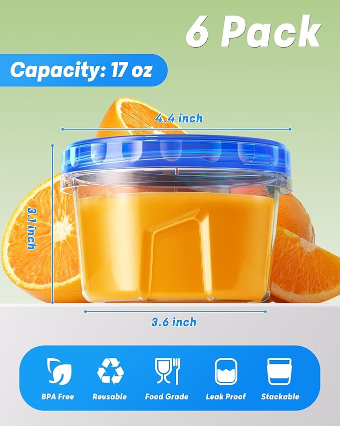 6 Pack-17oz Freezer Storage Containers, Plastic Food Storage Containers with Twist Top Lids, BPA Free and Reusable Soup Containers with Lid, Microwave and Dishwasher Safe
