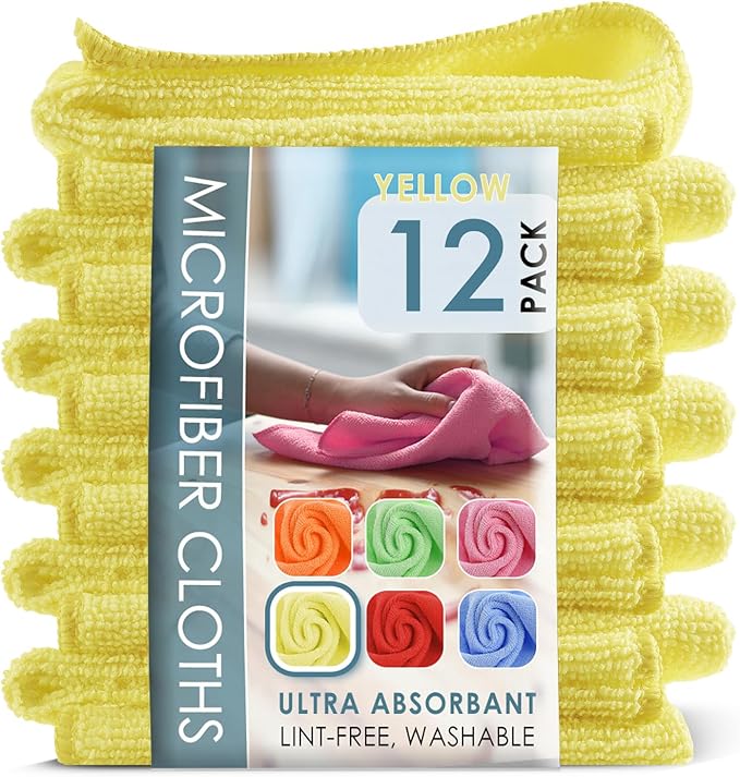 Hearth & Harbor Microfiber Cleaning Cloth Set - 12 Pack Yellow Washcloths, 12''x12'' Reusable Towels for Cars, Lint-Free Rags (V-HH-Cloth-M-12-Ylw)