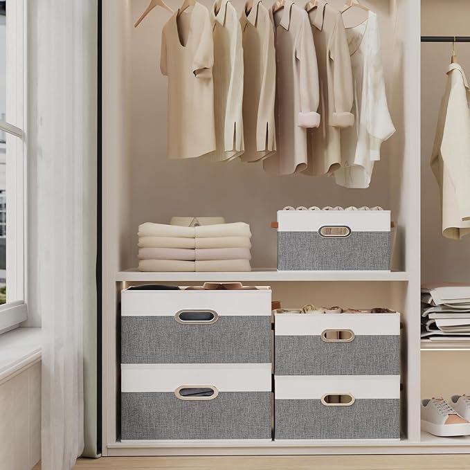 Yawinhe Fabric Storage Baskets, Foldable Closet Organizer for Shelves, Large Boxes with 3 Handles, Canvas Bins for Clothes, White/Grey, 12.99''Lx9.05''Wx7.87''H, 4-Pack