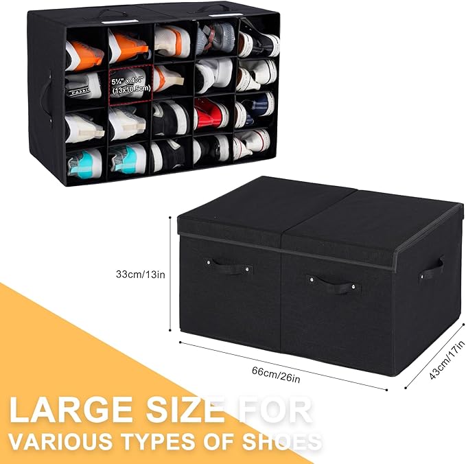 Large Shoe Organizer for Closet Fits 20 Pairs, Shoe Storage Box Bins Containers with Lid and Adjustable Dividers for Shoes, Sneakers and High Heeled, Hard Shell and Stackable （Black）