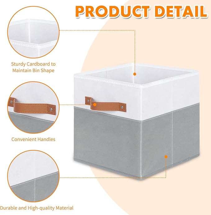 ShellKingdom Storage Bins, Two-Tone Foldable Fabric Storage Cubes with Leather Handle for Closet Toys Clothes Storage Organizer Drawer, 10.5 X 10.5 X 11 inch, 2 Pack (White/Grey)