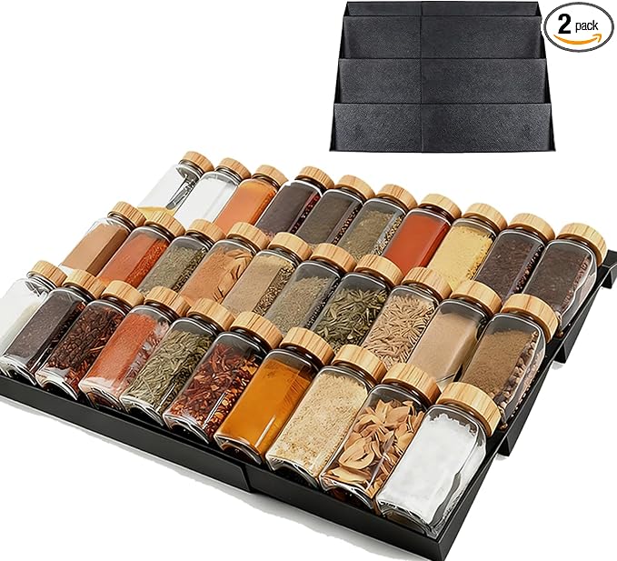 Spice Drawer Organizer, 4 Tier- 6 Pack Drawer Seasoning Organizers, Kitchen Spice Rack Tray Expandable From 12" to 24", Black Spice Rack Insert for Cabinet Countertop(Jars Not Included)