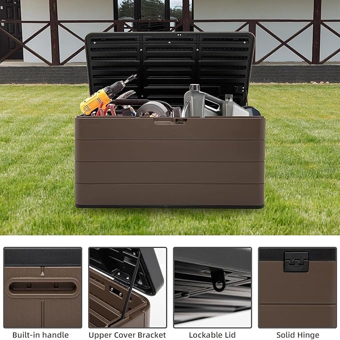 Outdoor Storage Box Waterproof, 100 Gallon Plus Lockable Resin Deck Box Large, Patio Storage Bin for Pool Accessories Cushion Furniture, Garden Tools, UV-Resistant Outside Delivery Brown