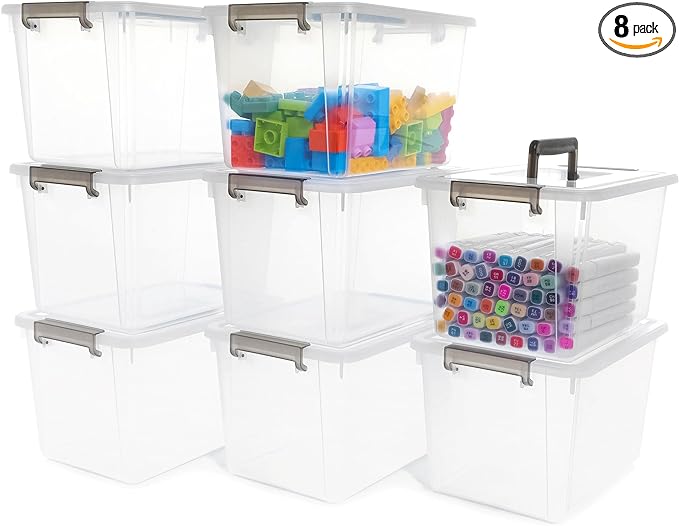 Citylife 8 Packs 6 QT Plastic Storage Bins with Latching Lids Clear Storage Box with handle Stackable Storage Containers for Organizing Snacks, Crafts, Toys, Tools