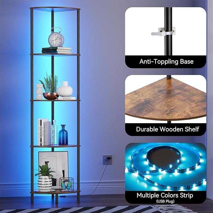 SUNMORY 5 Tier Corner Shelf with LED Light, Industrial 65" Corner Shelves Display Shelf for Living Room Decor, Wall Corner Bookshelf Multi Unit Organizer, Tall Shelf Plant Stand for Bedroom, Bathroom