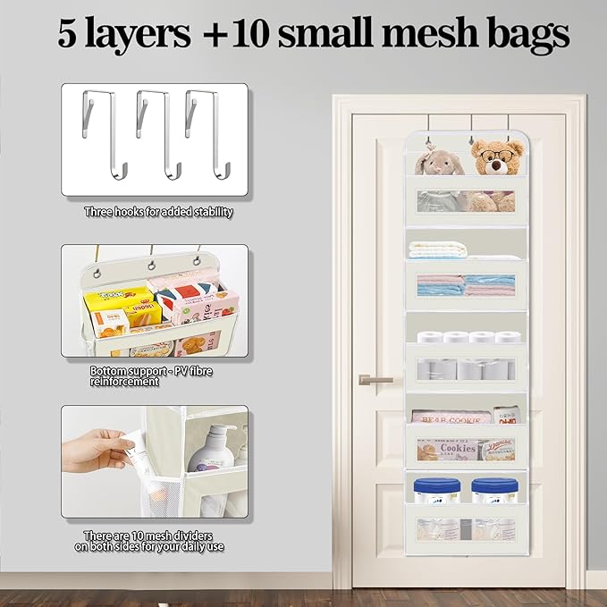 Over The Door Organizer, 5 Shelves Closet Door Hanging Organizer with 10 Mesh Pockets, Nursery Closet Organizer, Baby Essentials, Dorm Room Essentials for Girls